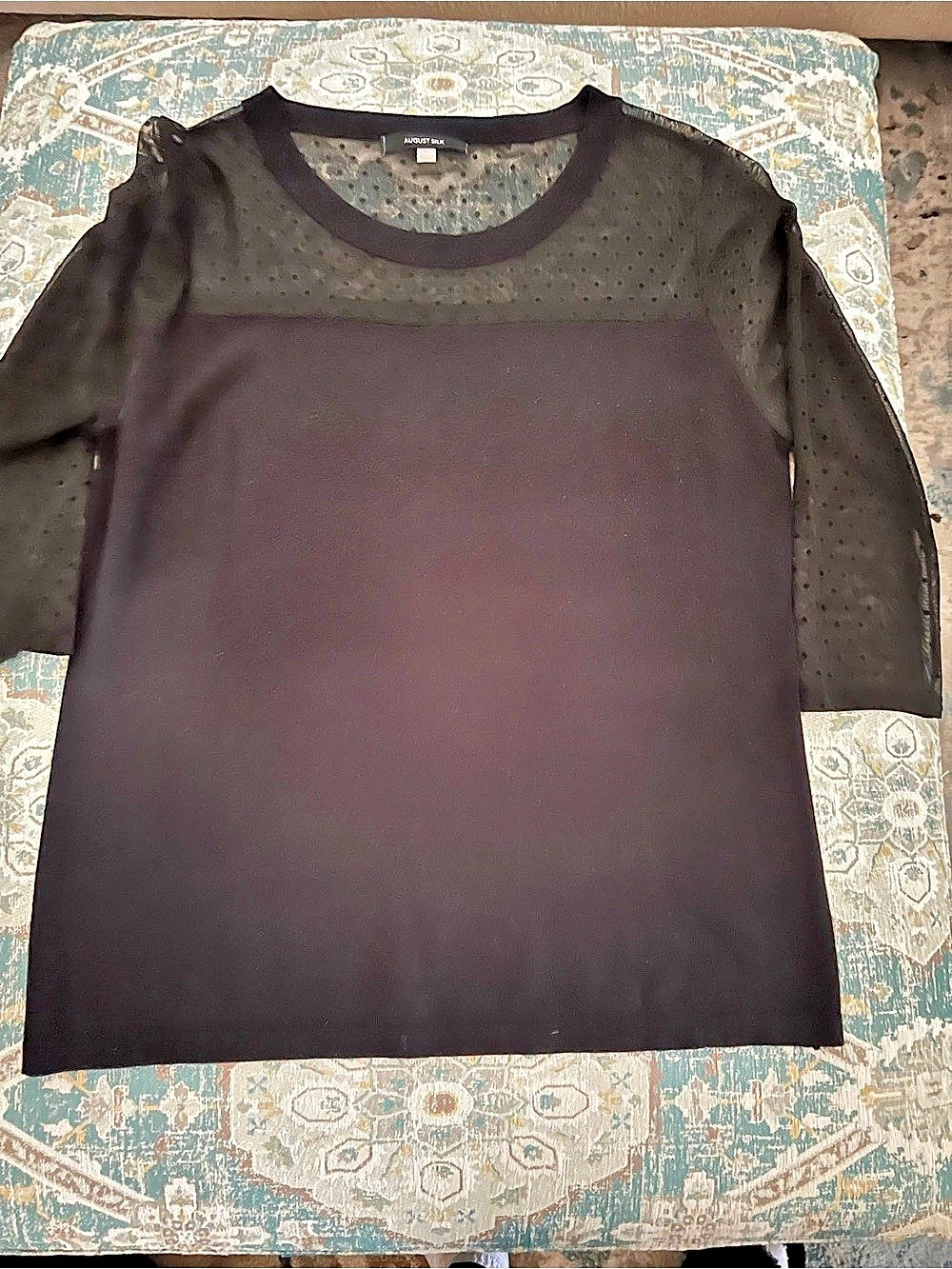 August Silk Polka Dot Sheer 3/4 Sleeve Top in Black Size Large Like New